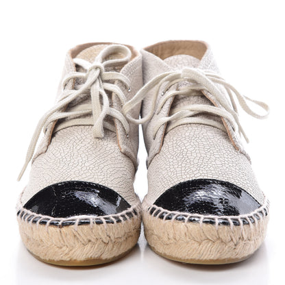 Chanel Crackled Calfskin Cap Toe Lace Up Espadrilles 35 Light Beige Black 2 of 8