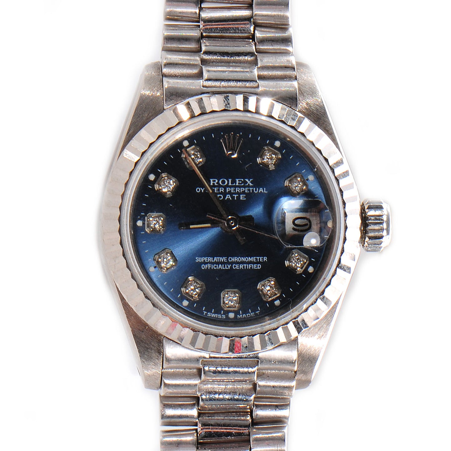Stainless Steel 18K White Gold Diamond 26mm Oyster Perpetual Date Watch Blue 6917