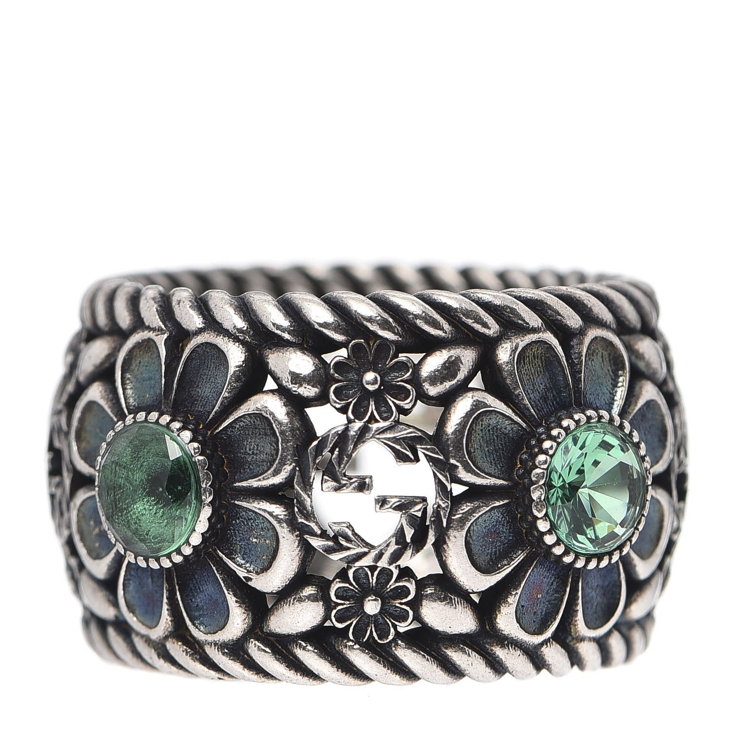 Gucci Sterling Silver Crystal Garden Band Ring Green 58 8.5 4 of 5