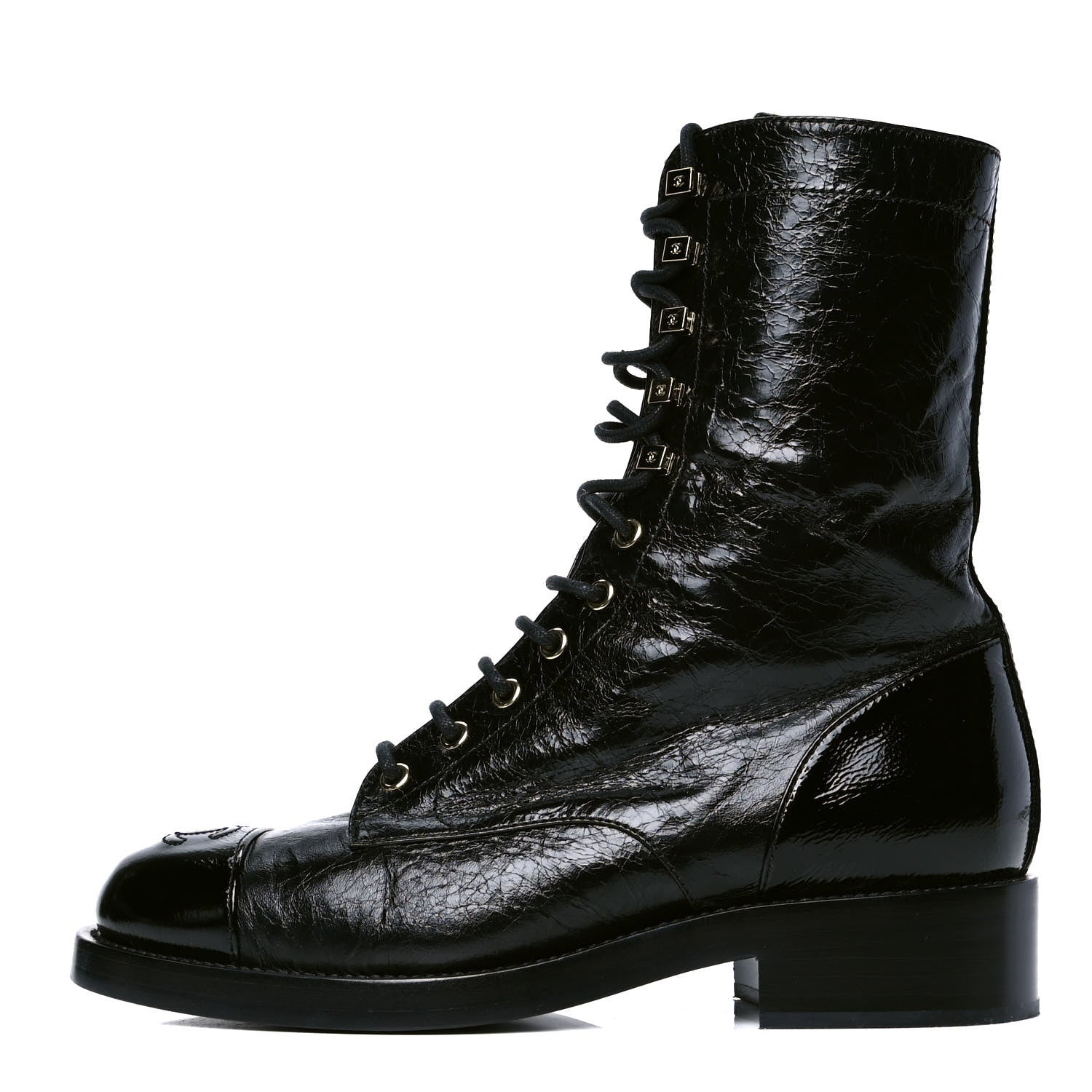 Chanel Aged Calfskin Lace Up Combat Boots 39 Black 1 of 4