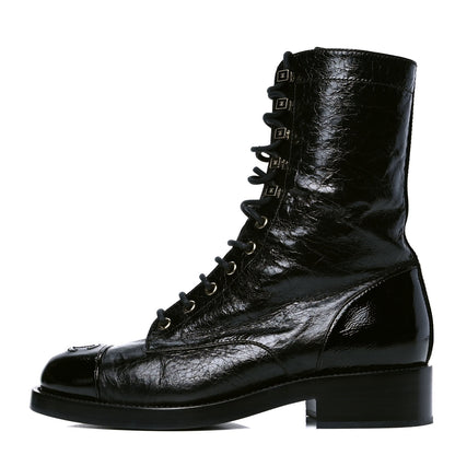 Chanel Aged Calfskin Lace Up Combat Boots 39 Black 1 of 4