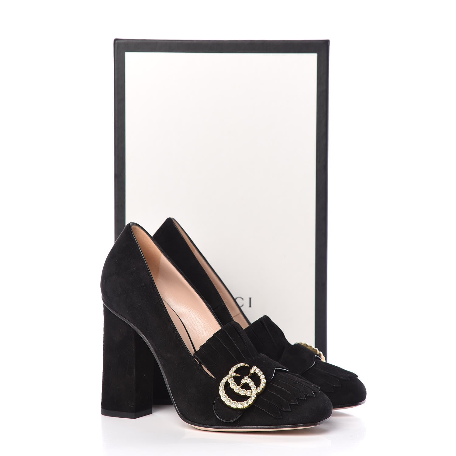 Gucci Kid Scamosciato Pearly GG Marmont Fringe 105mm Loafer Pumps 36.5 Black 9 of 9