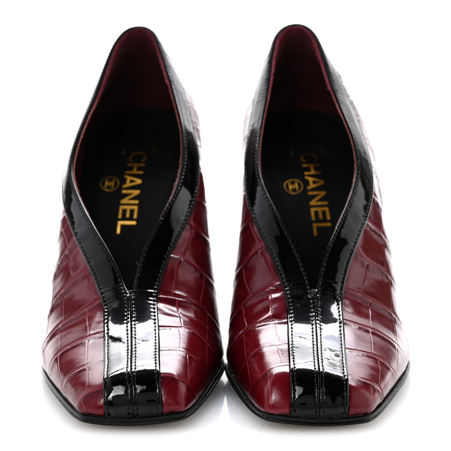 Chanel Crocodile Embossed Patent Calfskin Pumps 37.5 Burgundy Black 3 of 11
