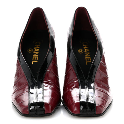 Chanel Crocodile Embossed Patent Calfskin Pumps 37.5 Burgundy Black 3 of 11
