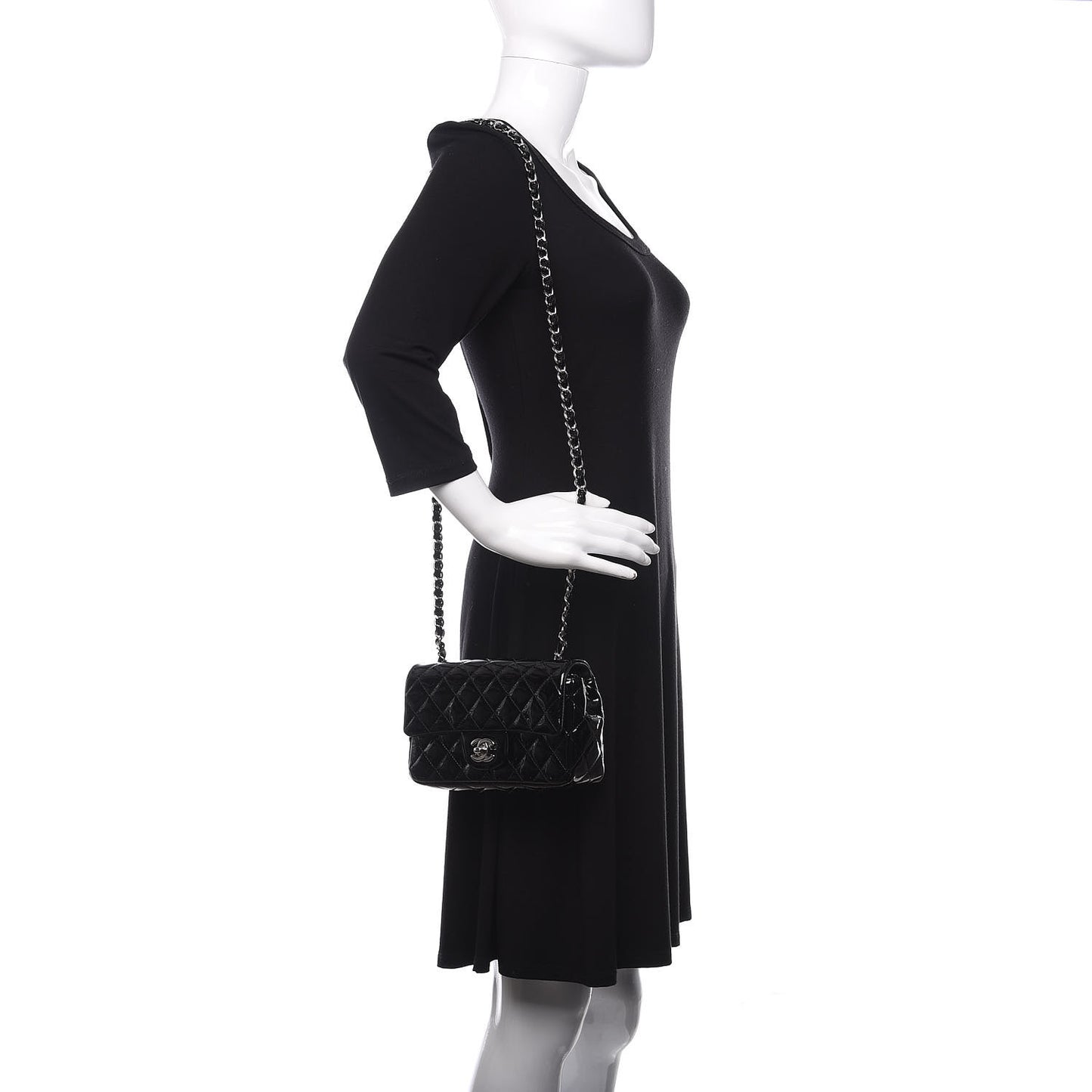 Patent Calfskin Quilted Mini Rectangular Flap Black