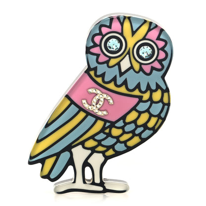 Chanel Resin Crystal Owl CC Brooch Blue Yellow Golden 1 of 4