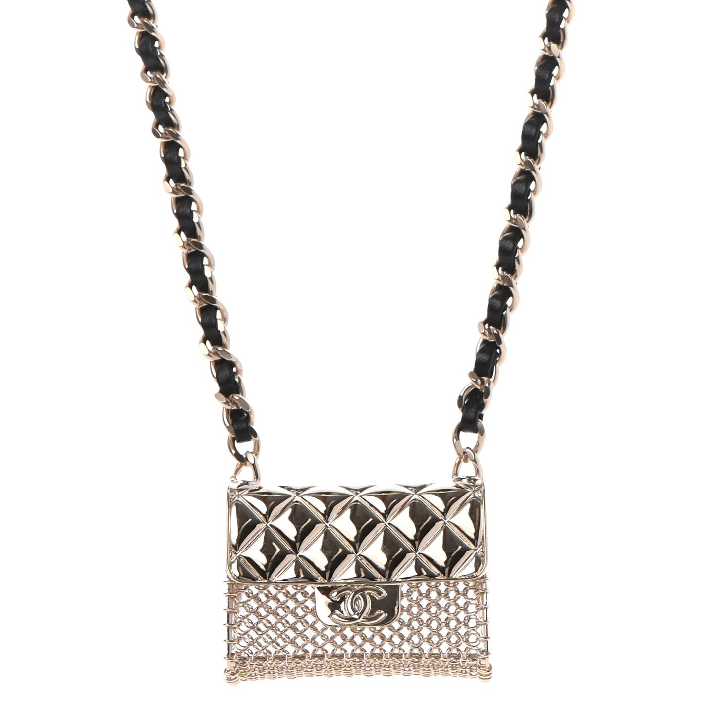 Metal Lambskin Chain Micro Bag Necklace Gold Black