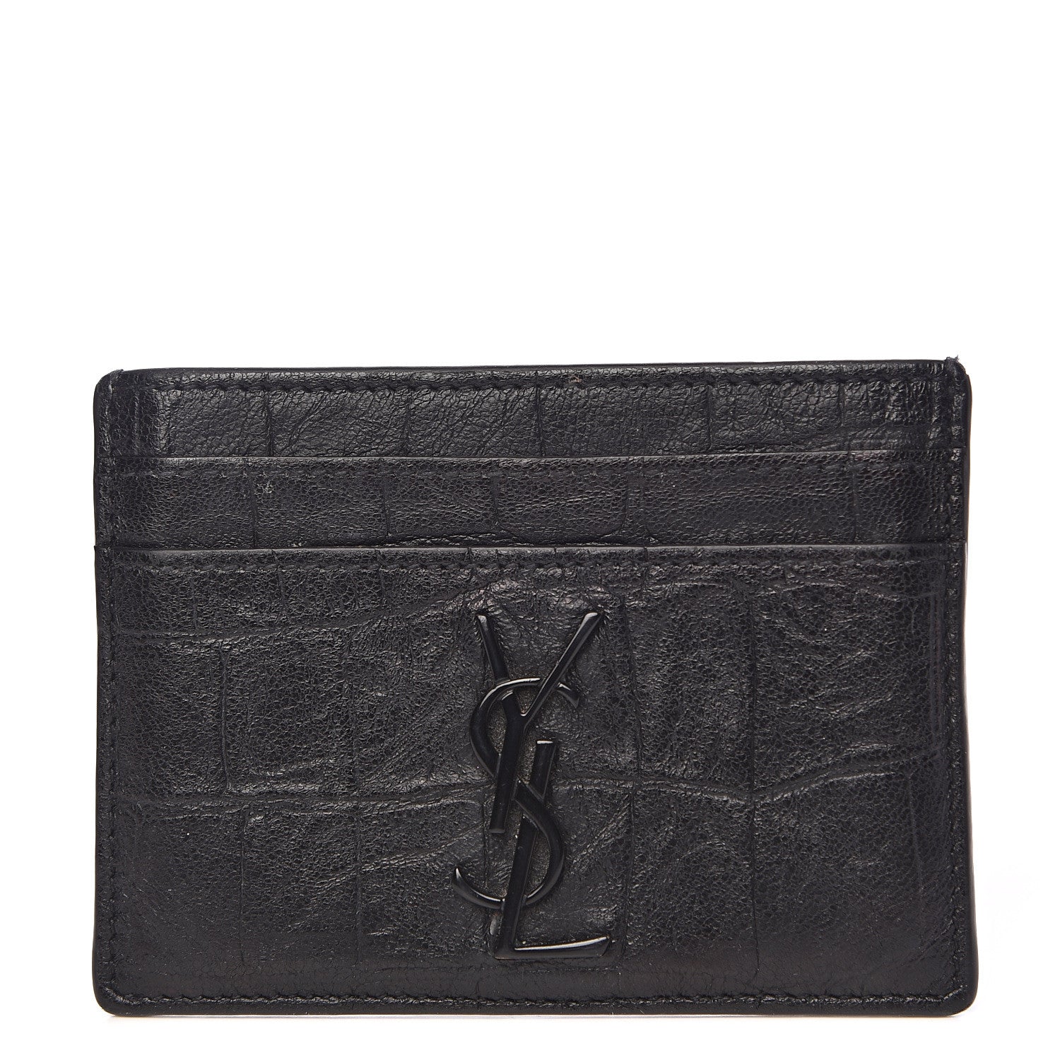 Saint Laurent Calfskin Crocodile Embossed Monogram Credit Card Case Black 1 of 7