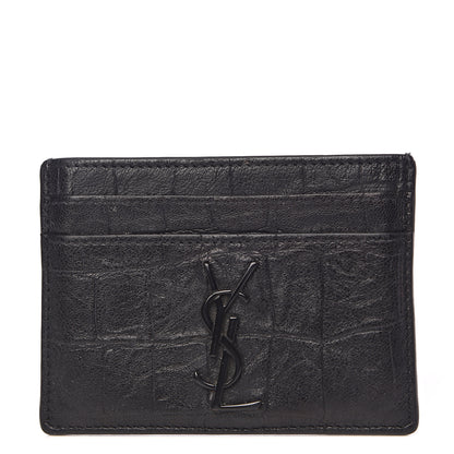Saint Laurent Calfskin Crocodile Embossed Monogram Credit Card Case Black 1 of 7