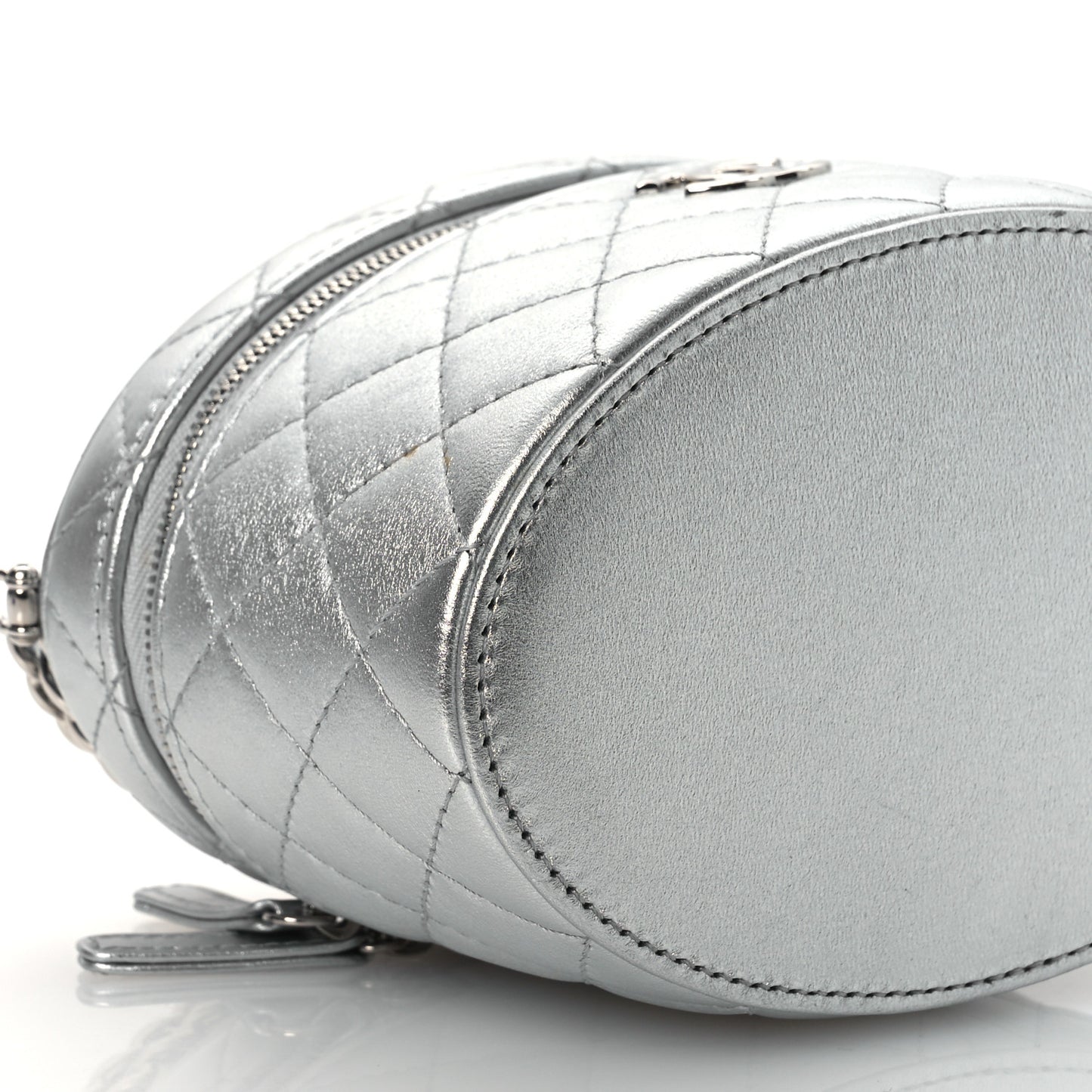 Metallic Calfskin Quilted Fancy Box Vanity Case With Chain Silver