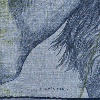 Hermes Cashmere Silk Les Ailes De Pegase Scarf 100 Bleu Chine Marine Vert 2 of 3