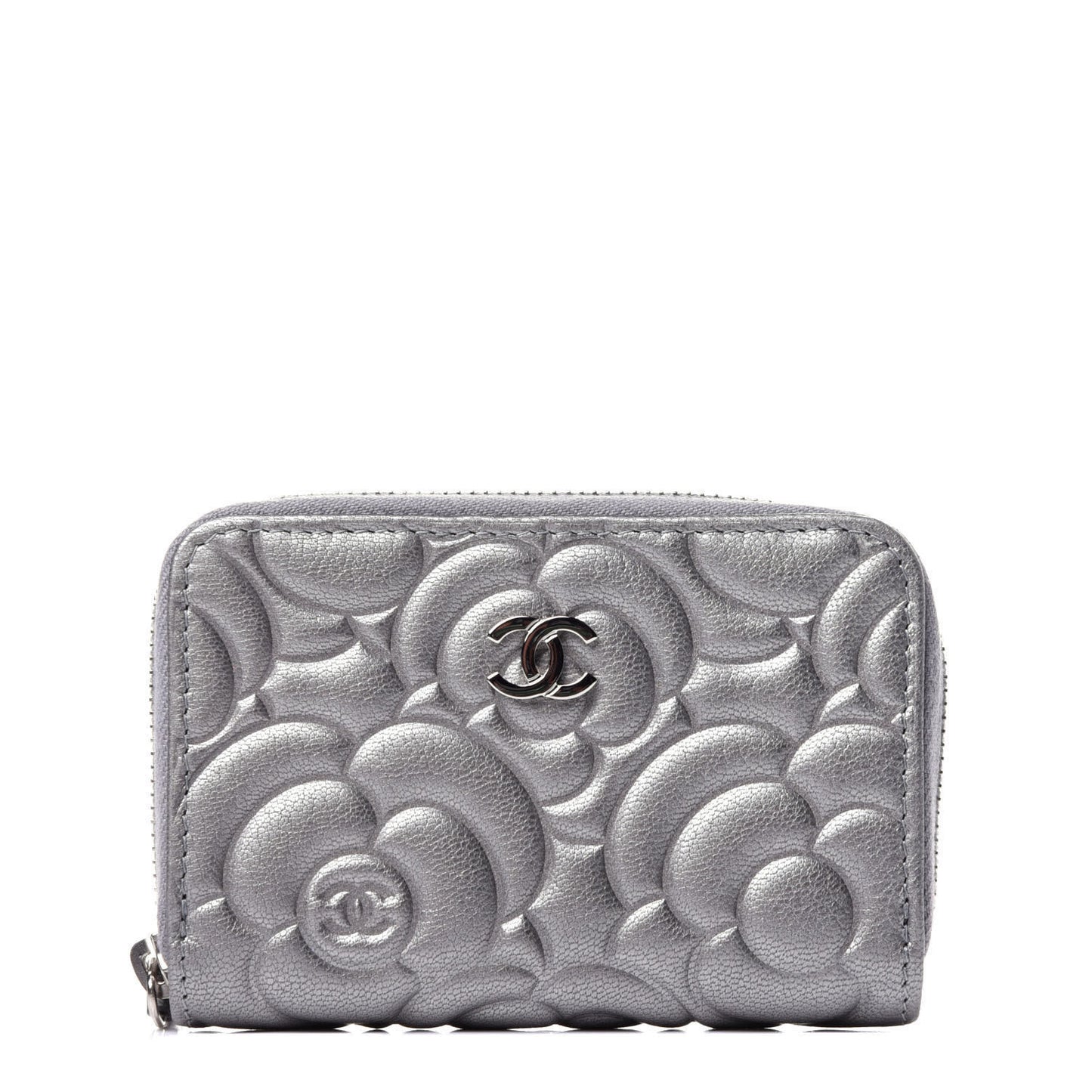 Goatskin Camellia Embossed Zip Coin Purse Silver