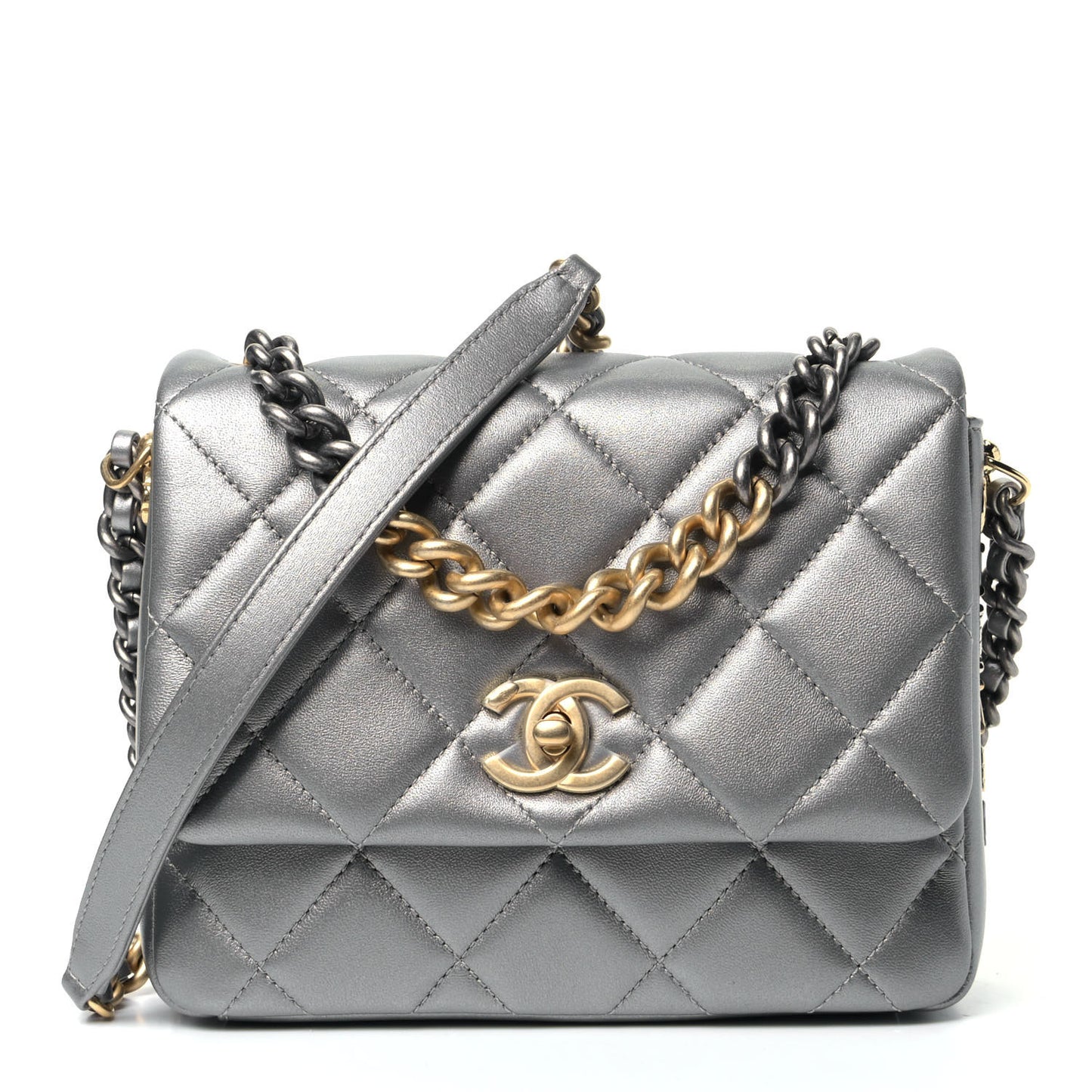 Metallic Lambskin Quilted Mini Flap Bag Silver