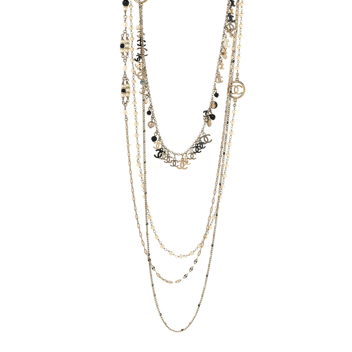 Pearl Bead Crystal CC Multi Strand Long Necklace Light Gold Black