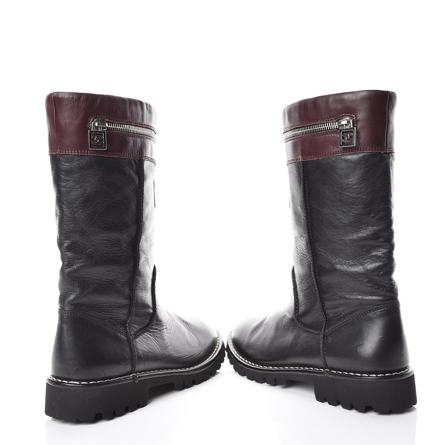 Calfskin Motorcycle Zipper Boots 38 Black Burgundy