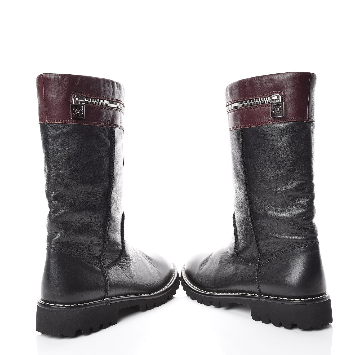 Chanel Calfskin Motorcycle Zipper Boots 38 Black Burgundy 6 of 12