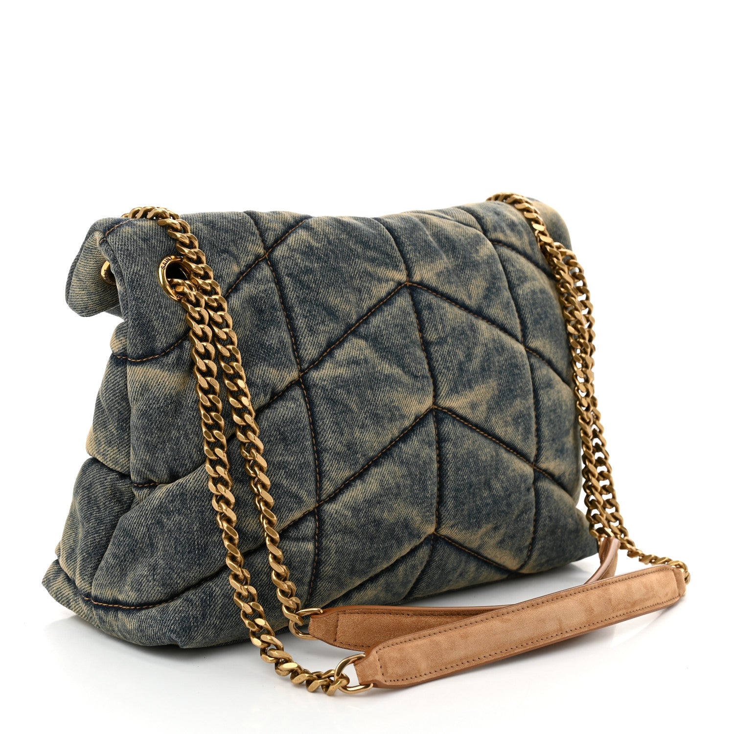 Saint Laurent Denim Quilted Small Loulou Puffer Monogram Chain Satchel Rodeo Blue Cinnamon 3 of 10