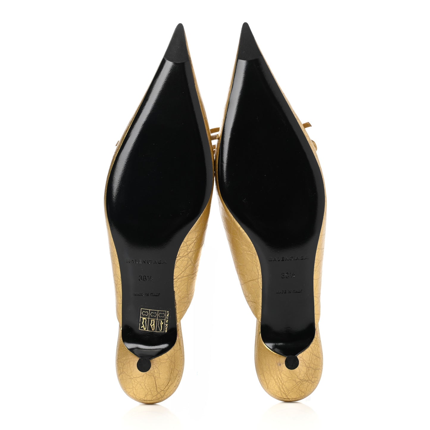 Metallic Textured Calfskin Pointed Toe Knife Mules 38.5 Gold