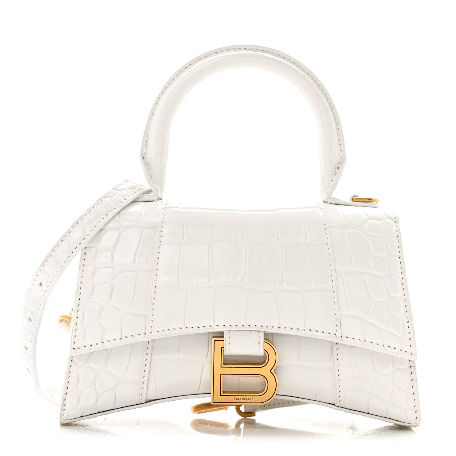 Balenciaga Shiny Calfskin Crocodile Embossed Hourglass Top Handle Bag XS White 1 of 12