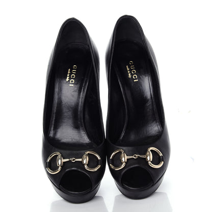 Gucci Nappa Horsebit Peep Toe Platform High Heel Pumps 36 Black 5 of 11