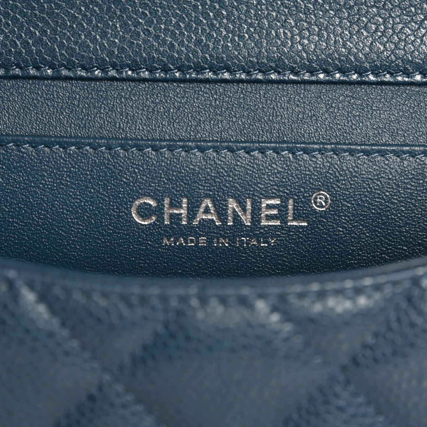 Iridescent Caviar Quilted Clutch With Chain Flap Blue