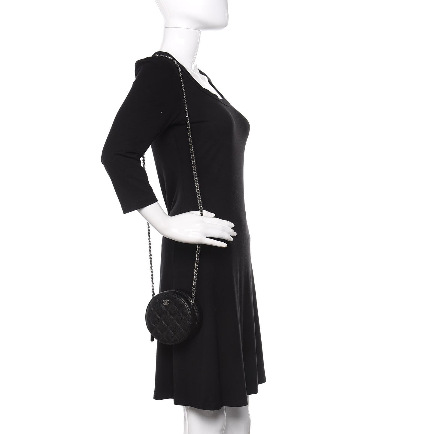 Caviar Quilted Round Clutch With Chain Black