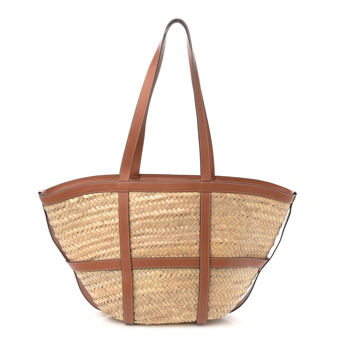 Raffia Calfskin Large Gridded Basket Tote Tan