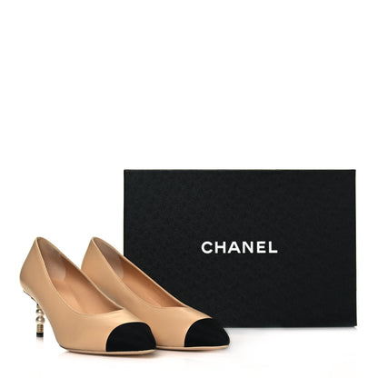 Chanel Lambskin Grosgrain Cap Toe CC Pearl Pumps 37.5 Beige Black 10 of 10