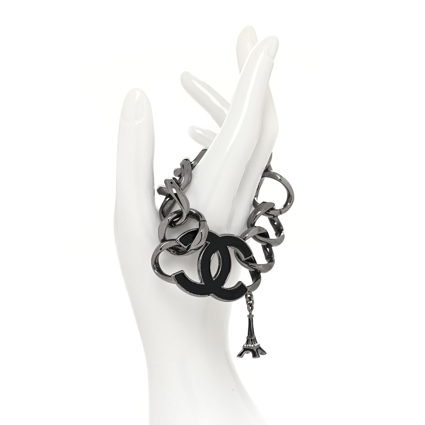 Enamel CC Eiffel Tower Charm Bracelet Dark Silver