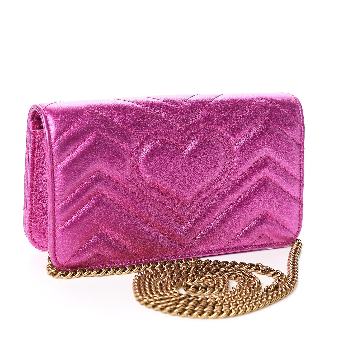 Metallic Calfskin Matelasse Crystal GG Marmont Mini Bag Fuchsia
