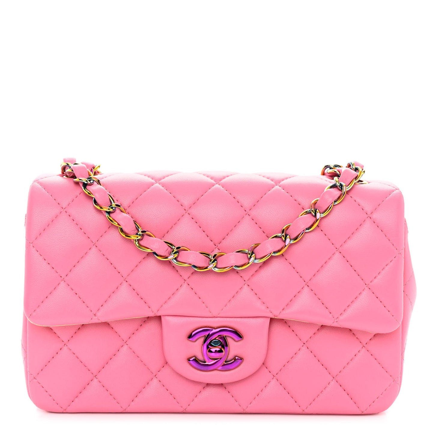 Lambskin Quilted Mini Rectangular Flap Pink Yellow