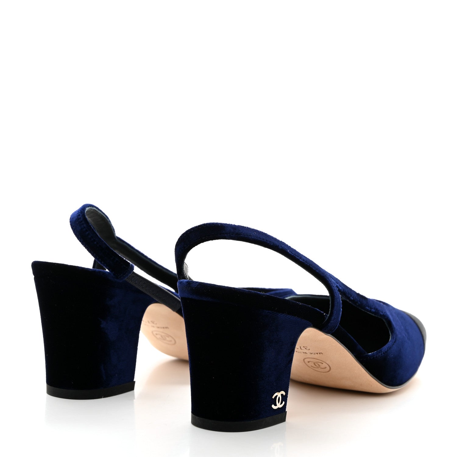 Chanel Velour Grosgrain Cap Toe CC Slingback Pumps 37.5 Blue Black 4 of 10