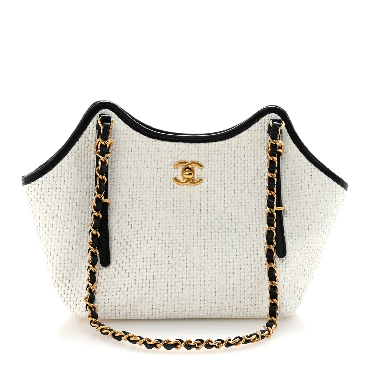 Braided Raffia Calfskin Small Shopping Bag White Black