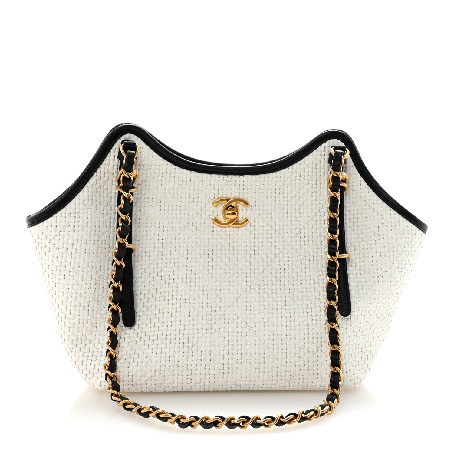 Chanel Braided Raffia Calfskin Small Shopping Bag White Black 1 of 11
