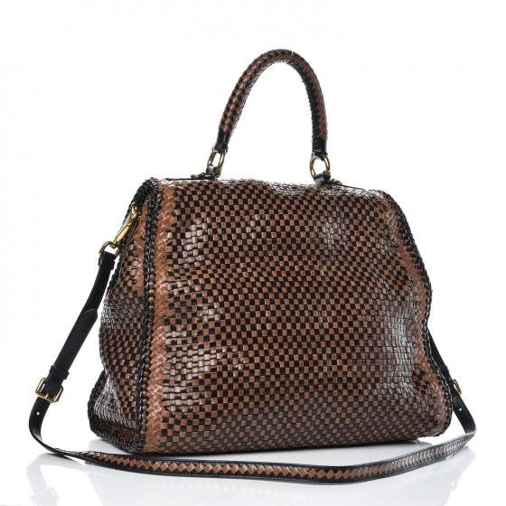 Goatskin Woven Top Handle Satchel Black Tan