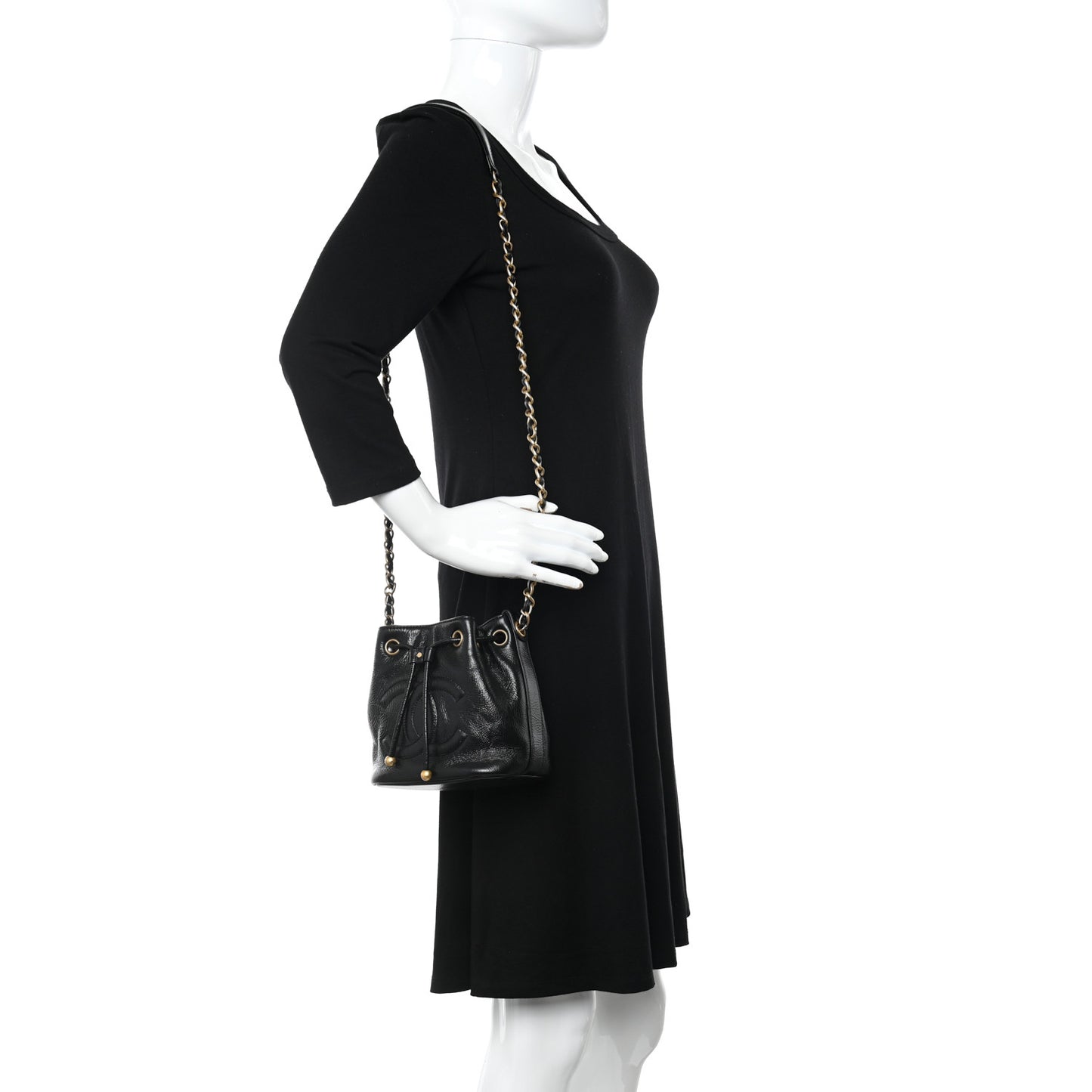 Shiny Aged Calfskin CC Chain Mini Drawstring Bag Black