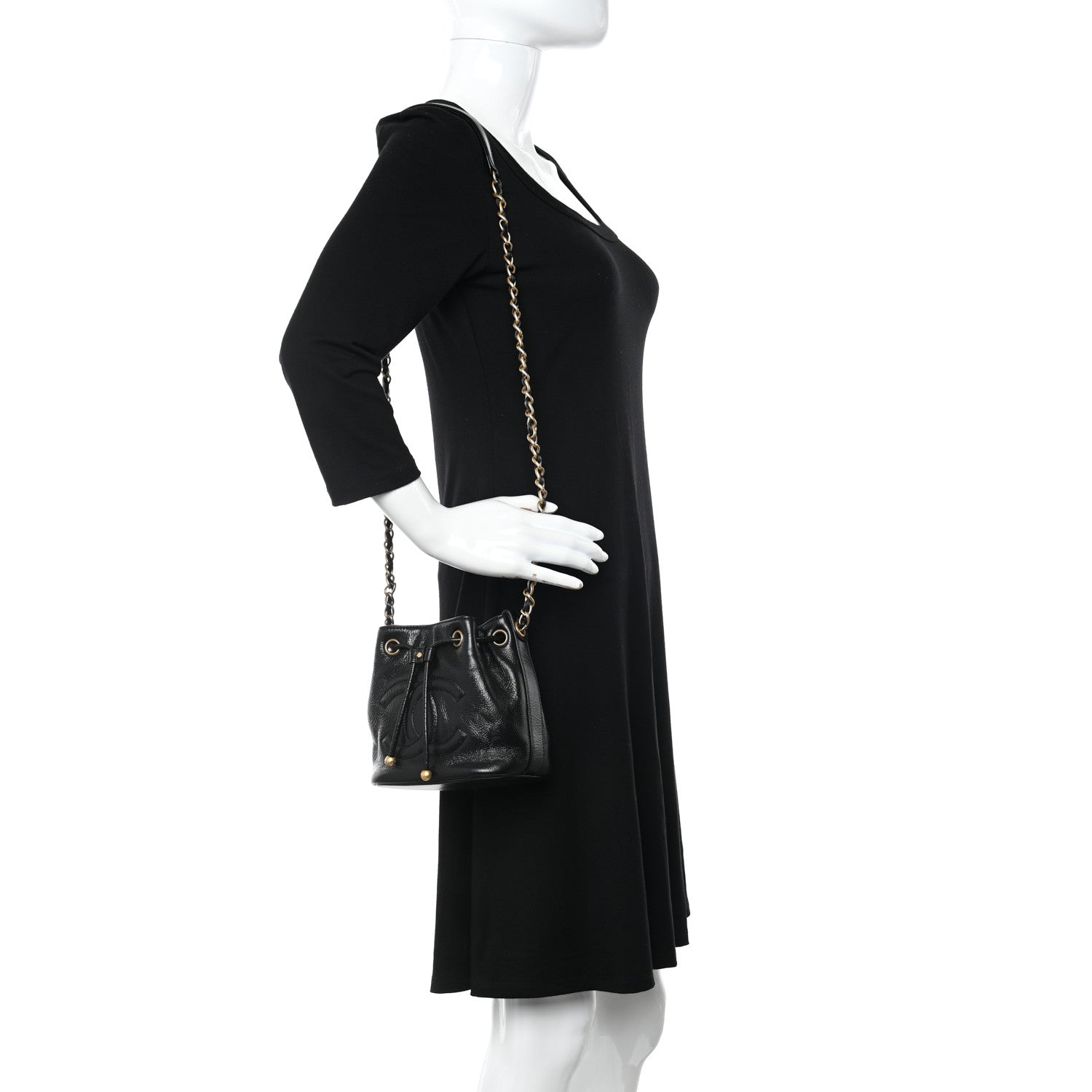 Chanel Shiny Aged Calfskin CC Chain Mini Drawstring Bag Black 2 of 12