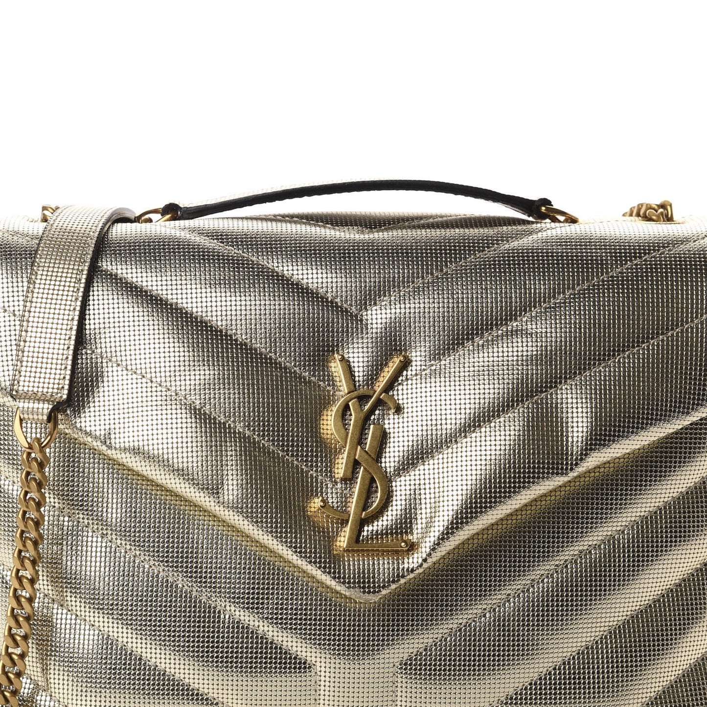 Metallic Calfskin Y Quilted Small Loulou Monogram Chain Satchel Platino