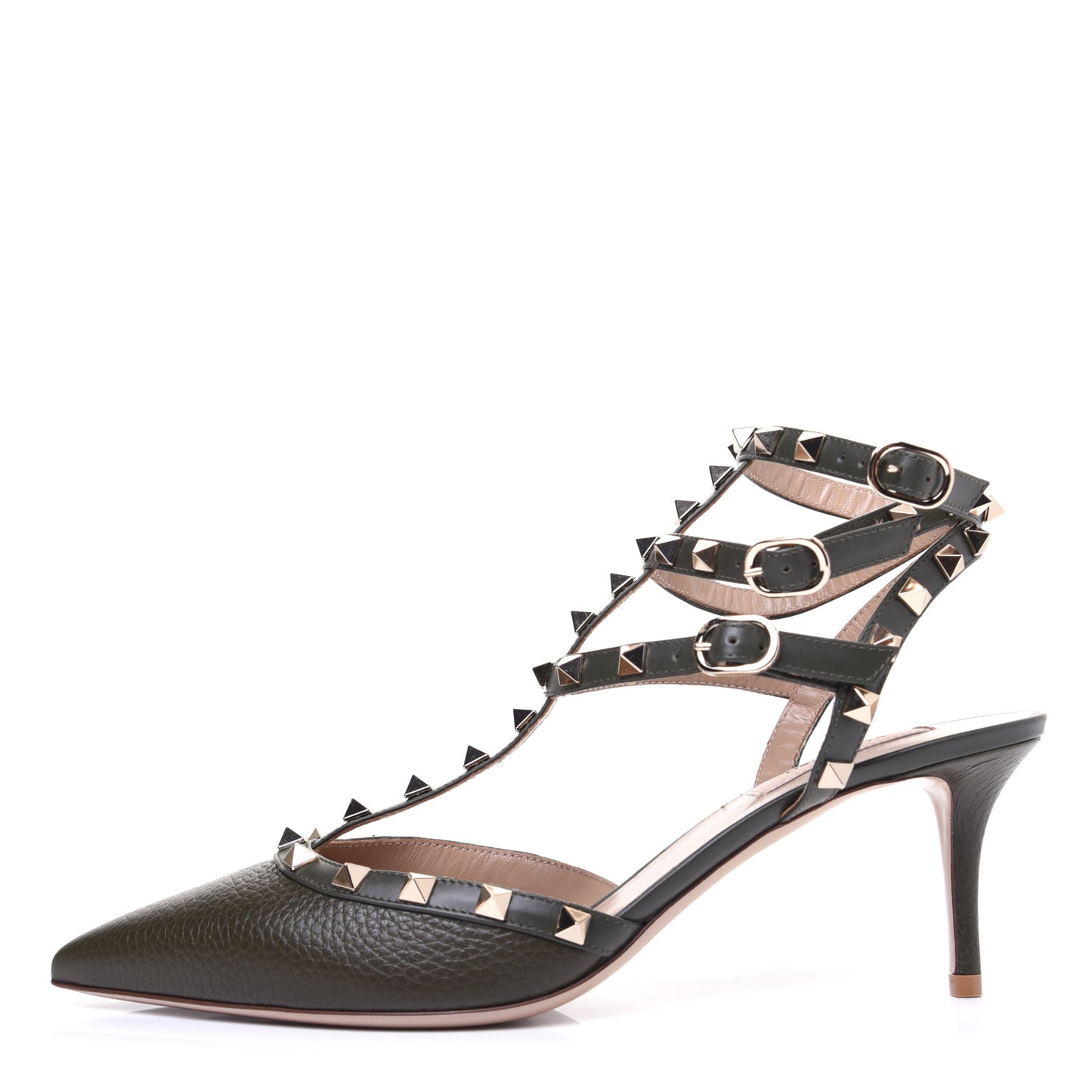 Pebbled Calfskin Rockstud Ankle Strap 65mm Pumps 41 Olive Green