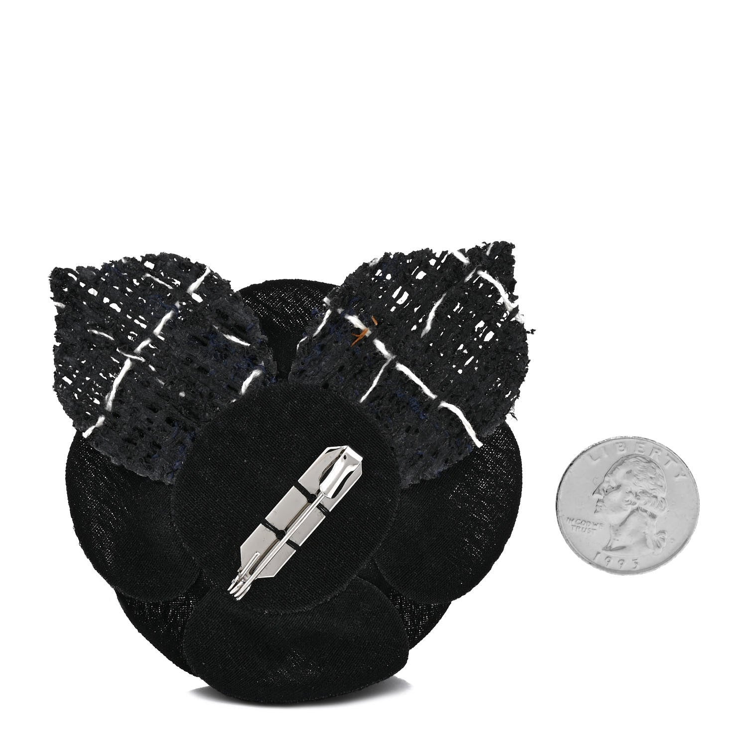 Chanel Tweed Camellia Pin Brooch Black White 2 of 3