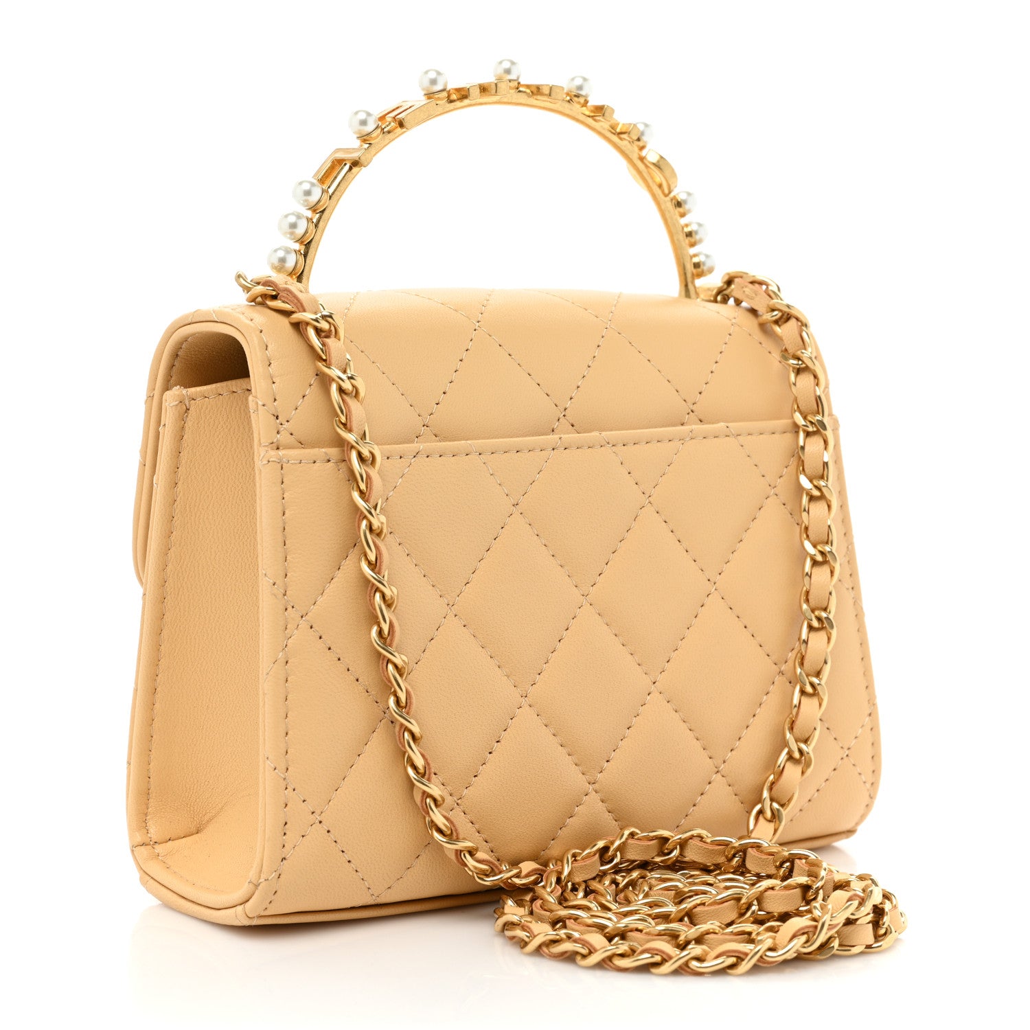 Chanel Lambskin Pearl Enamel Quilted Pearly Girl Handle Flap Clutch With Chain Beige 3 of 10