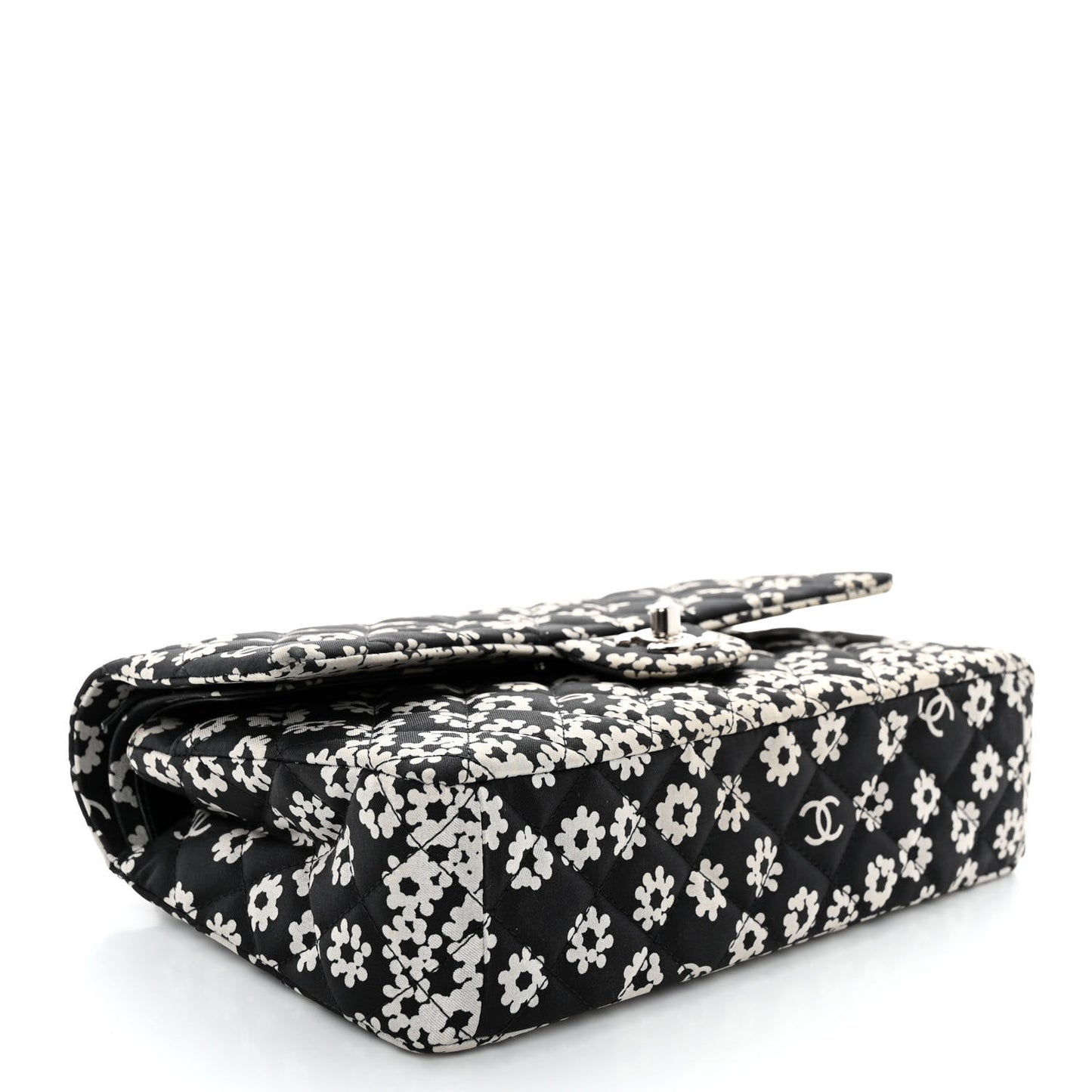 Canvas Floral Printed Quilted Medium Double Flap Black White