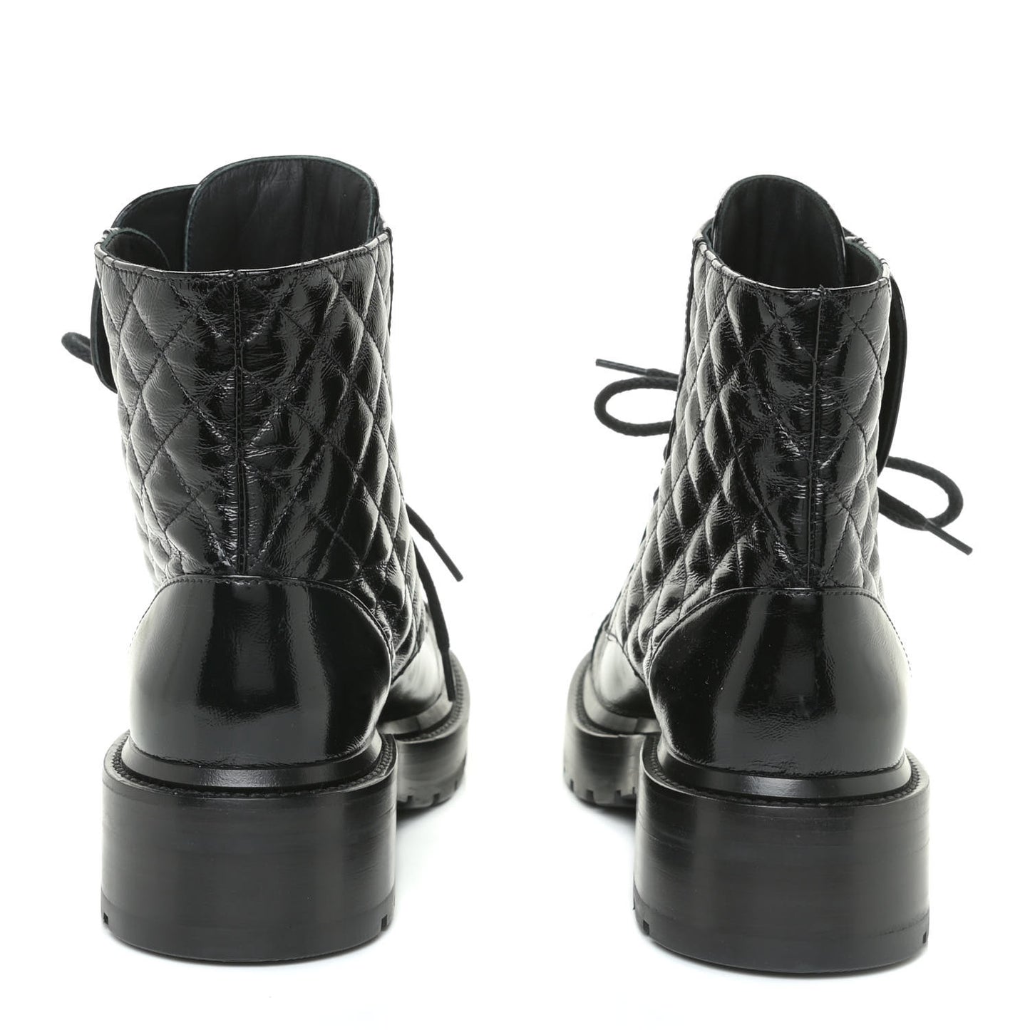 Shiny Calfskin Quilted Lace Up Combat Boots 37 Black
