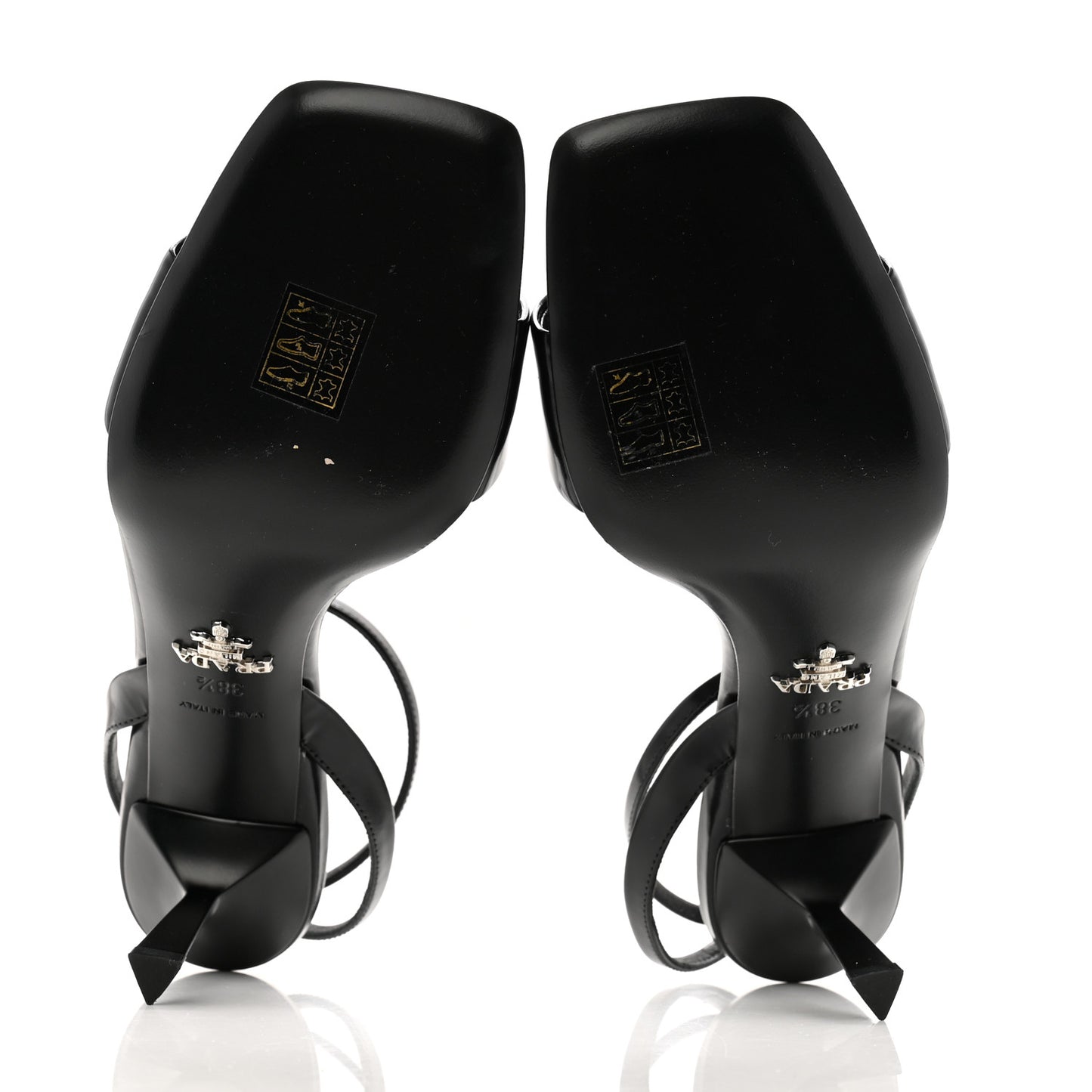 Vernice Nylon Flower Metal Triangle Logo Open Toe 65mm Sandals 38.5 Black