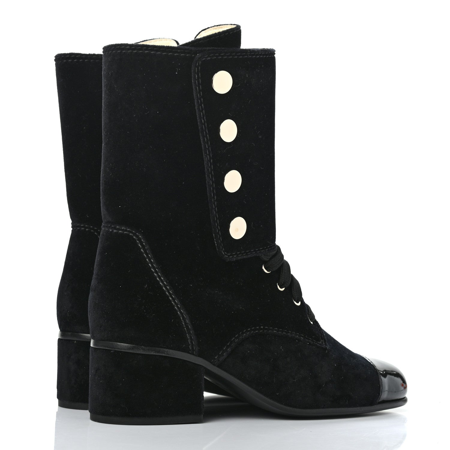 Chanel Velvet Patent Cap Toe CC Lace Up Boots 38.5 Black 4 of 10