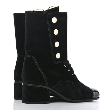 Chanel Velvet Patent Cap Toe CC Lace Up Boots 38.5 Black 4 of 10