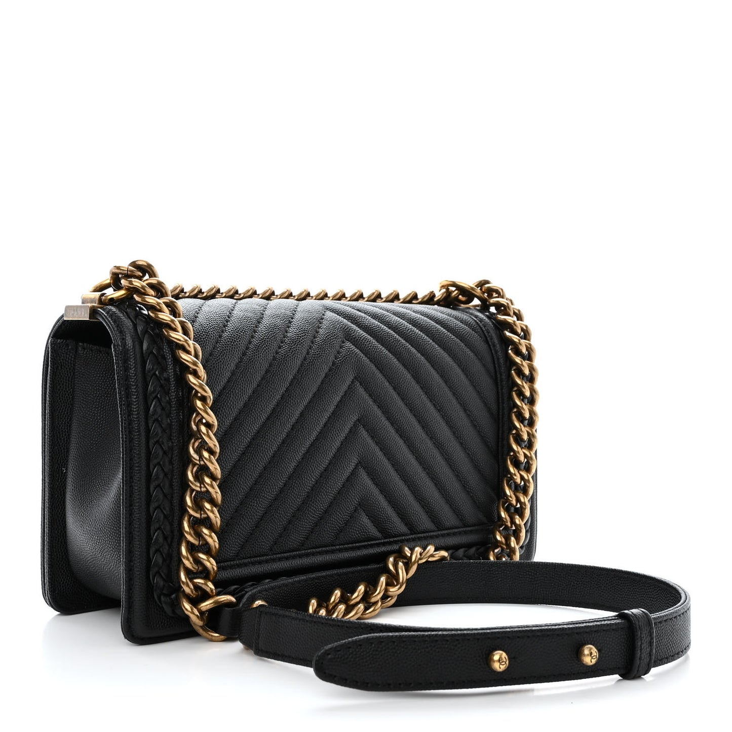 Caviar Chevron Quilted Braided Medium Boy Flap Black
