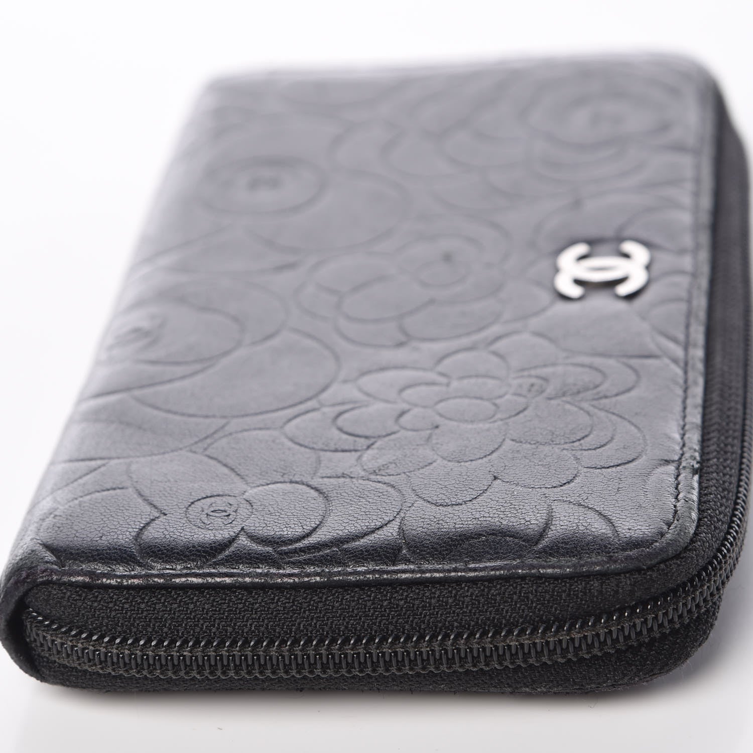 Chanel Lambskin Camellia Embossed Large Zip Around Gusset Wallet Black 15 of 15