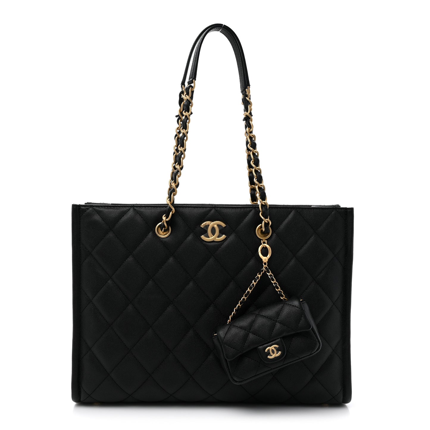 Caviar Quilted Chain Large Shopping Tote With Coin Purse Black