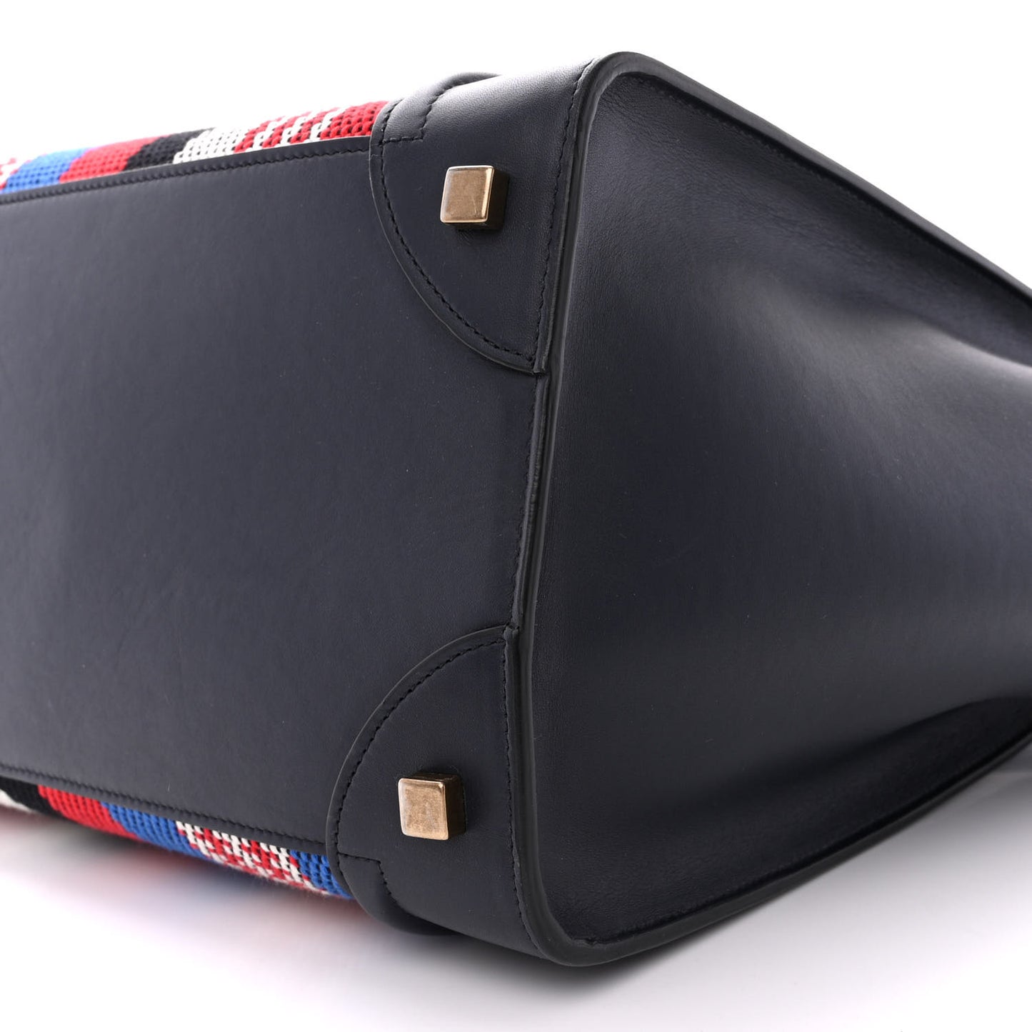 Smooth Calfskin Striped Cotton Canvas Mini Luggage Navy Blue